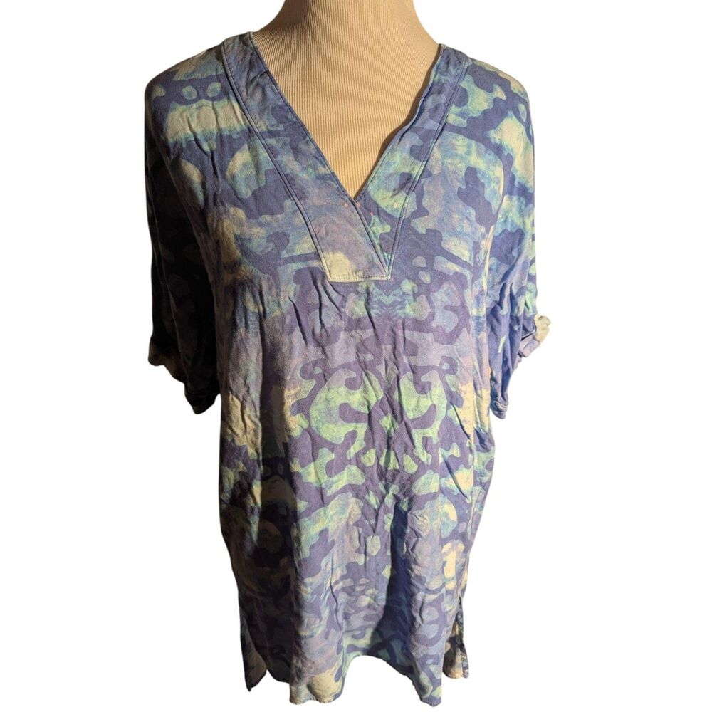 NATORI M Rayon Tunic Top Blue Abstract Print 3/4 Sleeve Resort Loungewear